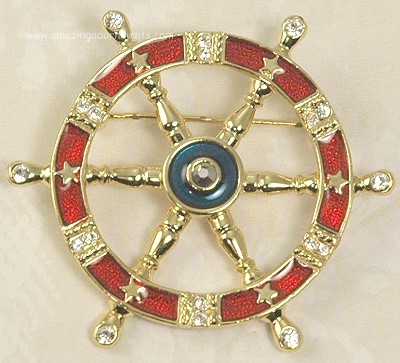 Yachting Sailing Enamel and Rhinestone Wheel Figural Pin Signed DANECRAFT