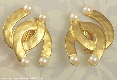 Magnificent Interlaced Horse Shoe Earrings with Faux Pearls Signed KARL LAGERFELD