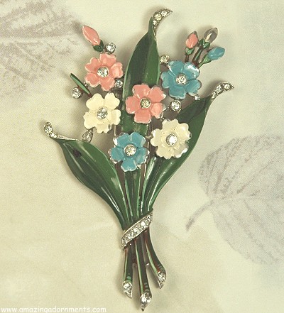 Vintage CROWN TRIFARI Rhinestone and Enamel Floral Clip~  BOOK PIECE