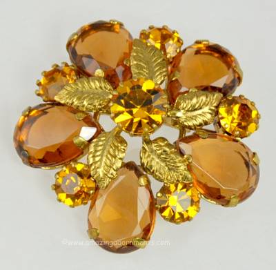 Beautiful Autumn Hued Large Rhinestone Brooch with Gilt Metal Leaves Signed AUSTRIA