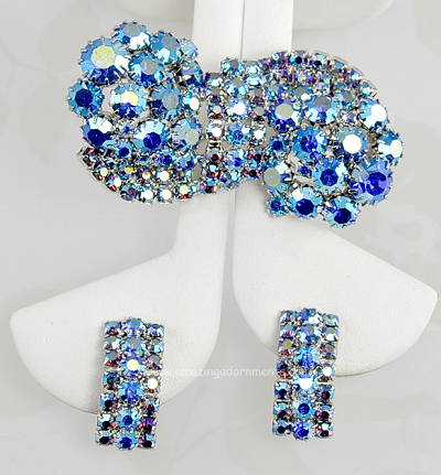 Magnificent Vintage Blue Rhinestone Brooch and Earring Set