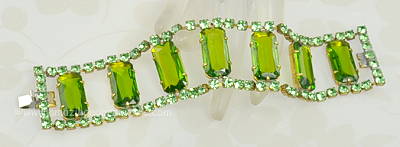 Wide Three Row Shades of Green Glass and Rhinestone Bracelet