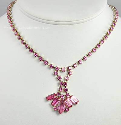 Radiant Vintage Pink Rhinestone Necklace with Multi- stone Drop
