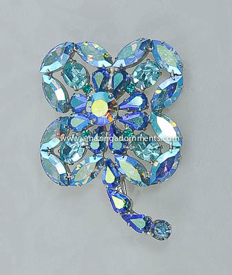 Vivid Vintage Blue Aurora Borealis Rhinestone Flower Brooch