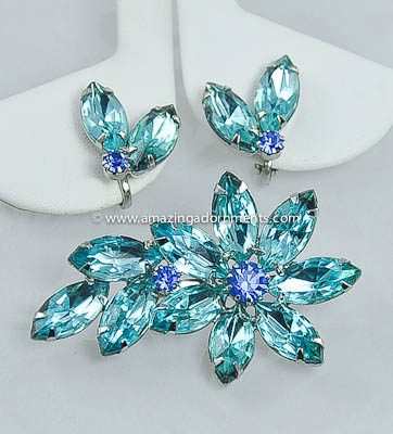Vibrant Vintage Shades of Blue Rhinestone Brooch and Earring Set