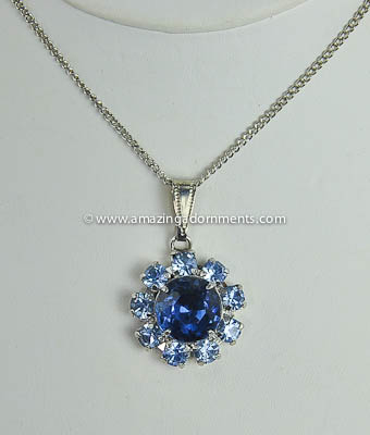 Twinkling Vintage Unsigned Blue Rhinestone Pendant Necklace