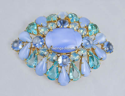 Vintage Unsigned Blue Givr Glass and Rhinestone Brooch