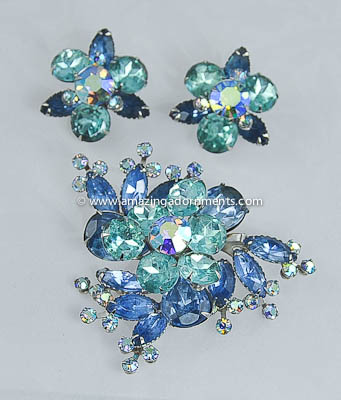 Vintage Unsigned Layered Flower Rhinestone Brooch and Earring Set in Blues