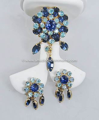 Fabulous Vintage Shades of Blue Rhinestone Brooch and Earring Set Signed CORO