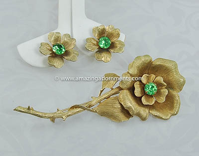 Vintage Unsigned Flower Demi- parure with Green Rhinestones