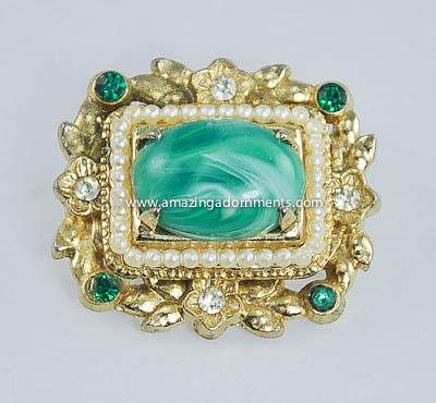 Ornate Vintage Brooch with Green Plastic Stone, Rhinestones and Faux Pearls
