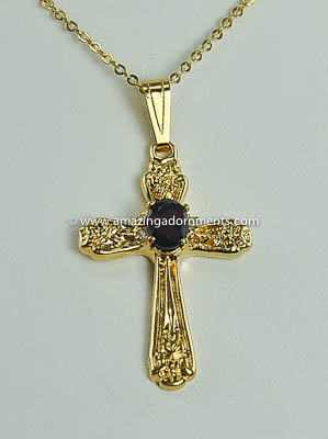 Vintage Signed LIND 14k Gold Filled Cross Pendant Necklace with Ruby Rhinestone