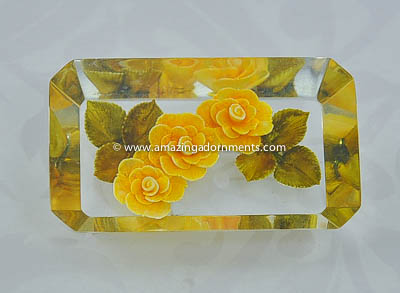 Vintage Unsigned Lucite Brooch with Embedded Yellow Roses