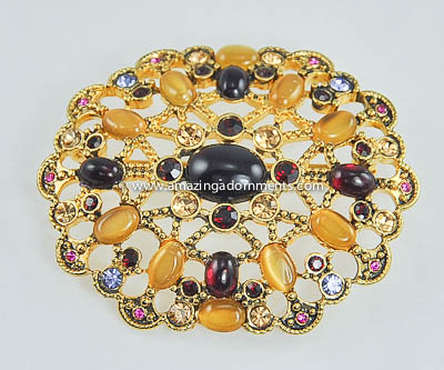 Outstanding Open Metal Work Brooch with Stones Signed MONET