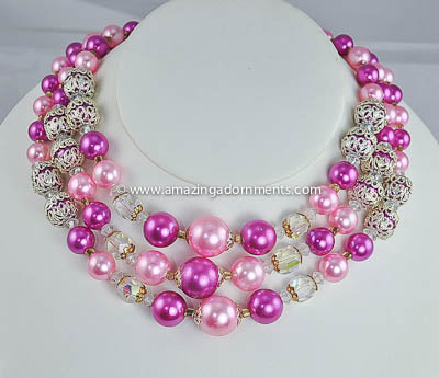 Pretty Vintage Signed JAPAN Pink Faux Pearl and Crystal Bead Necklace