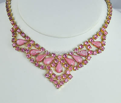 Glamour Girl Vintage Pink Rhinestone and Glass Bib Necklace