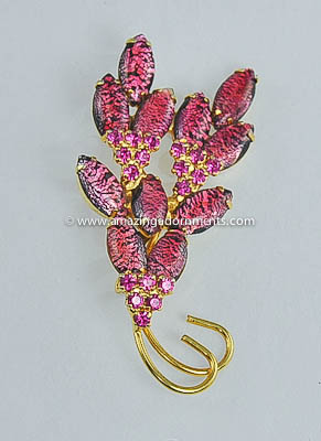 Fabulous Vintage Pink and Black Glass and Rhinestone Foliate Brooch