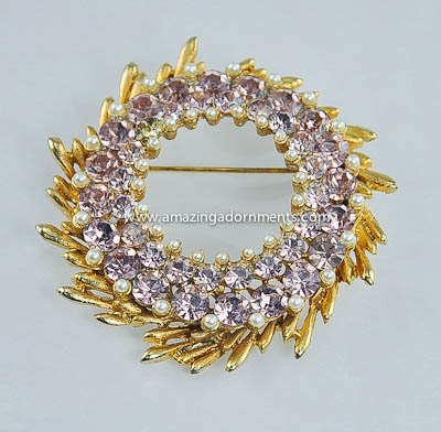 Impressive Vintage 1960s Signed BSK Rhinestone and Faux Pearl Brooch
