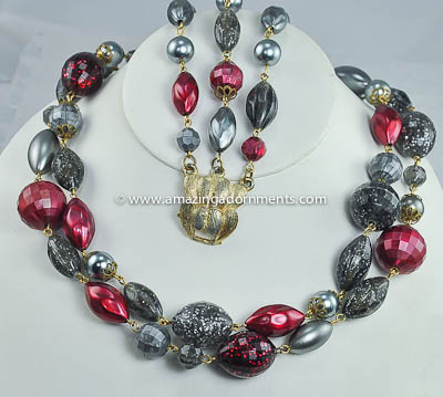 Festive Vintage Gray and Cranberry Bead Necklace and Bracelet Set