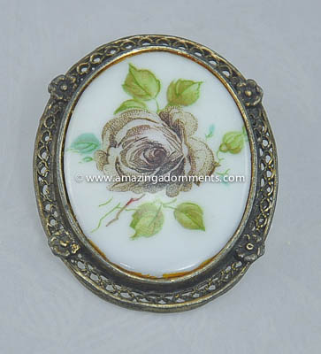 Vintage Victorian Look Painted Rose on Porcelain Brooch/Pendant Combo