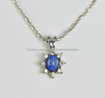 Beautiful Unsigned Faux Star Sapphire and Clear Rhinestone Necklace