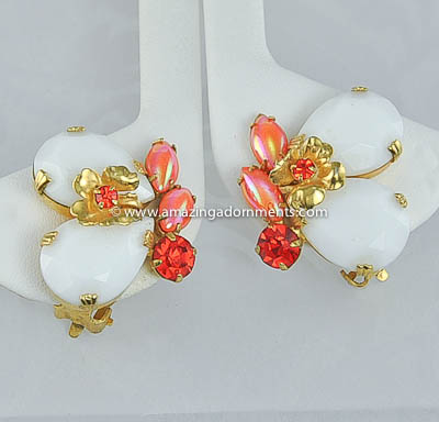 Vintage White Glass and Hyacinth Rhinestone Floral Earrings