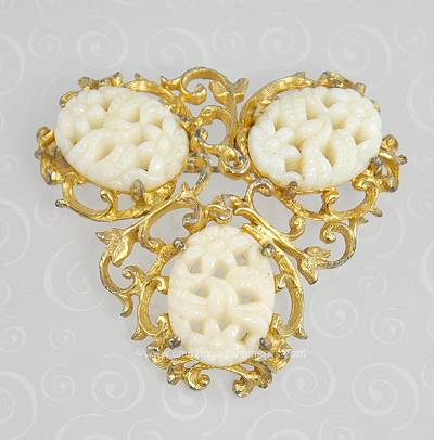Fabulous Vintage Signed DENICOLA Carved Faux Ivory Asian Inspired Brooch