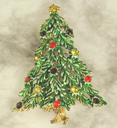 Vintage Christmas Tree Pin with Rhinestone Ornaments and Snow Signed HEDY