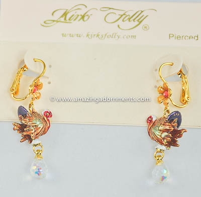 Contemporary Signed KIRKS FOLLY Enamel and Crystal Thanksgiving Turkey Earrings