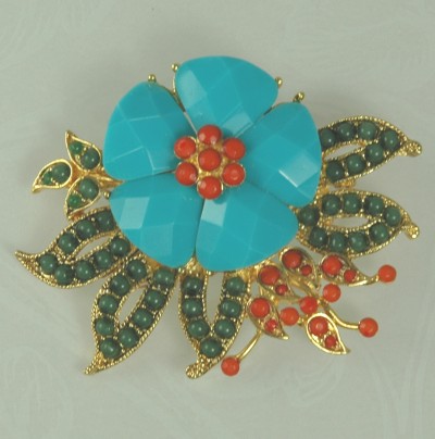 Gold- tone Floral Brooch with Faux Turquoise, Coral and Jade