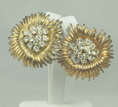 Smashing Rhinestone and Gold-  tone Floral Ear Clips Signed LES BERNARD