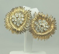 Smashing Rhinestone and Gold-  tone Floral Ear Clips Signed LES BERNARD