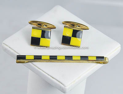 Snazzy Art Deco Era Black and Yellow Glass Cufflink and Tie Bar Set