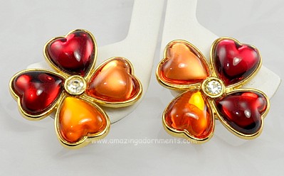 Untouchable Glass Heart Petal Clover Earrings Signed YVES SAINT LAURENT Made in France