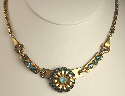Vintage Three Section Necklace with Blue Rhinestones Signed BARCLAY
