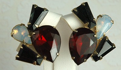 Impressive Red, Black and Faux Opal Rhinestone Earrings Possibly D&E