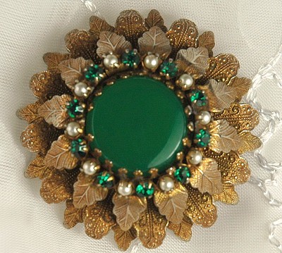 Fabulous Domed Brooch with Glass, Gilt Leaves, Rhinestones and Faux Pearls