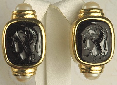 Gorgeous Designer Signed GIVENCHY Glass Intaglio Etruscan Style Earrings