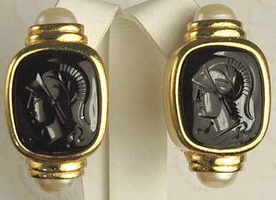 Gorgeous Designer Signed GIVENCHY Glass Intaglio Etruscan Style Earrings