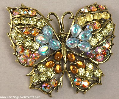 WEISS Vintage Rhinestone and Glass Cabochon Butterfly Brooch