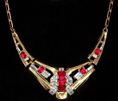 Impeccable Ruby and Clear Rhinestone Art Deco Necklace Signed McCLELLAND BARCLAY~  BOOK PIECE