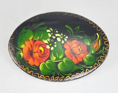 Picturesque Vintage Painted Rose on Black Lacquered Wood Brooch