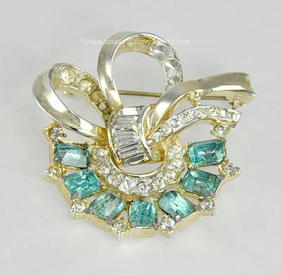 Sumptuous Vintage Aqua and Clear Rhinestone Brooch Signed CORO CRAFT from 1949