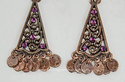 Ornate Copper Look Chandelier Earrings with Coin Dangles and Rhinestones