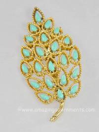Pretty Golden Leaf Foliate Pin with Turquoise Stones Signed GERRYS