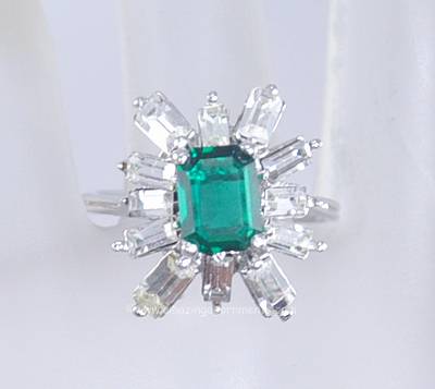 Breathtaking Vintage Emerald and Clear Rhinestone Cocktail Ring~ Size 6.25