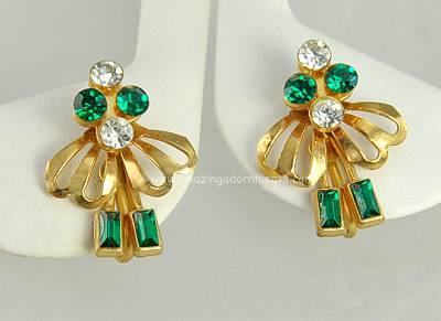 Intricate Vintage Green and Clear Rhinestone Ribbon Earrings