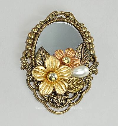 Vintage Victorian Look Mirror Brooch with Applied Flowers