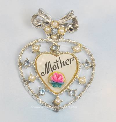 Lovely Vintage Mom Heart Fob Brooch with Rhinestones and Faux Pearls