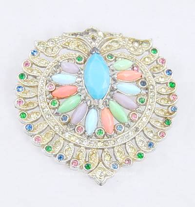 Remarkable Vintage Art Deco Rhinestone and multi- colored Glass Shield Brooch